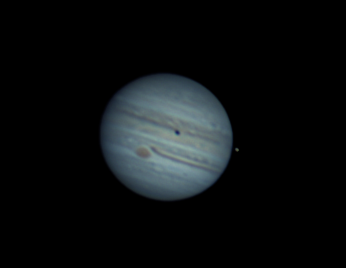 Jupiter with the Great Red Spot, Io and the moon shadow visible