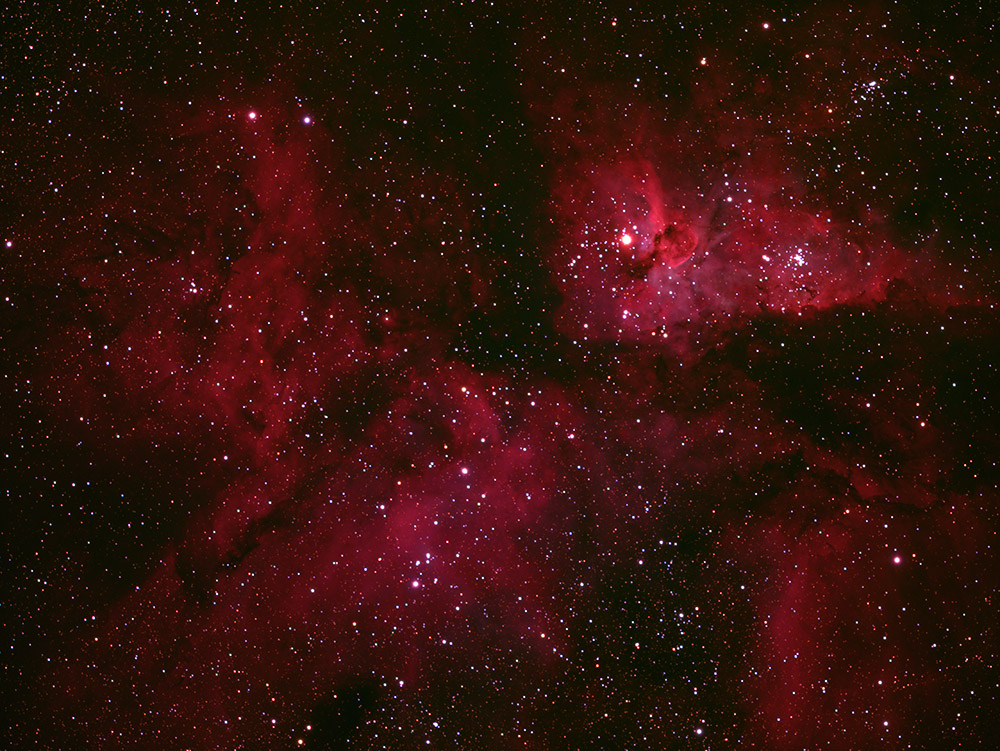 The Carina Nebula glowing in red, violet and blue among a dense star field
