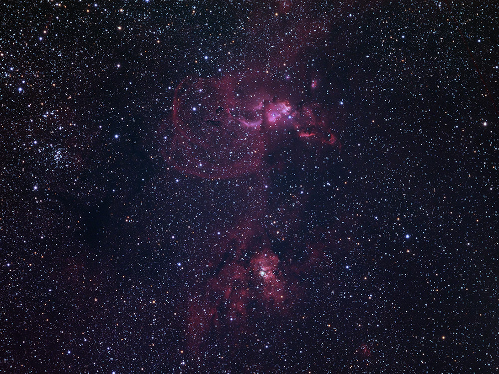 The red and blue nebulae around NGC 3603 and NGC 3576