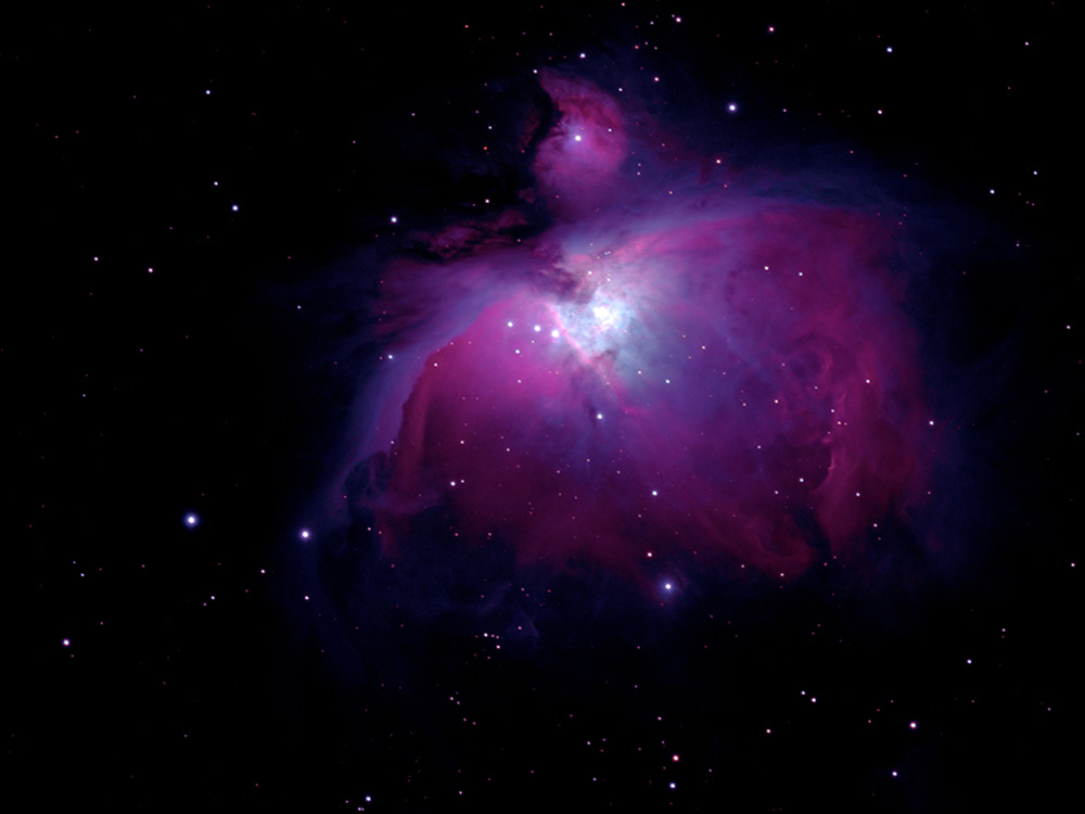 The bright core and sweeping hydrogen clouds of the Orion Nebula