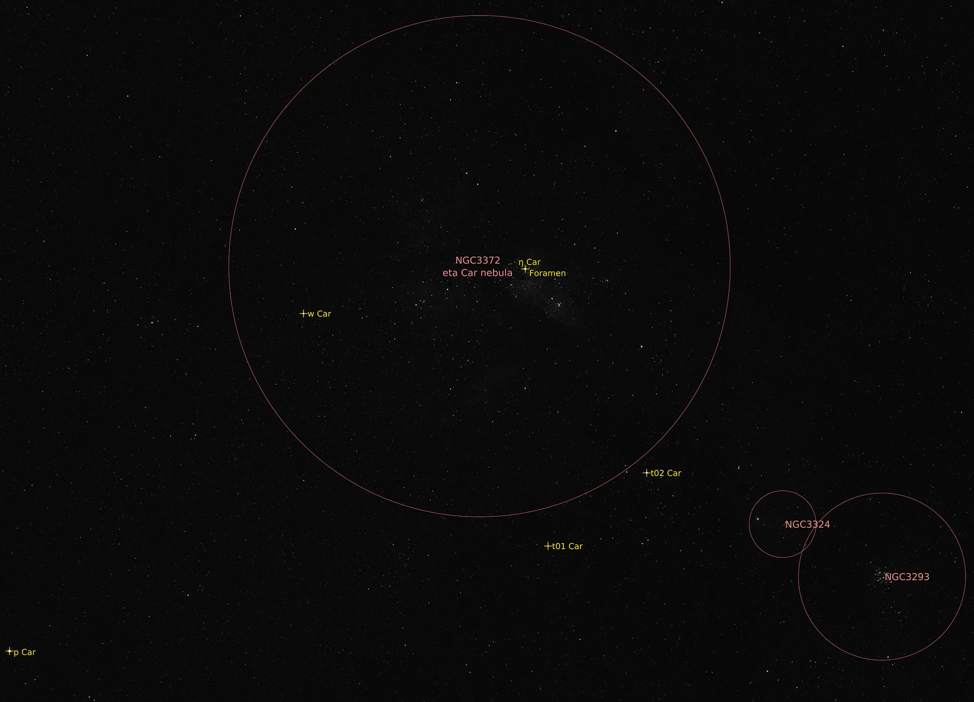 Annotated map identifying stars and structures in the Carina mosaic