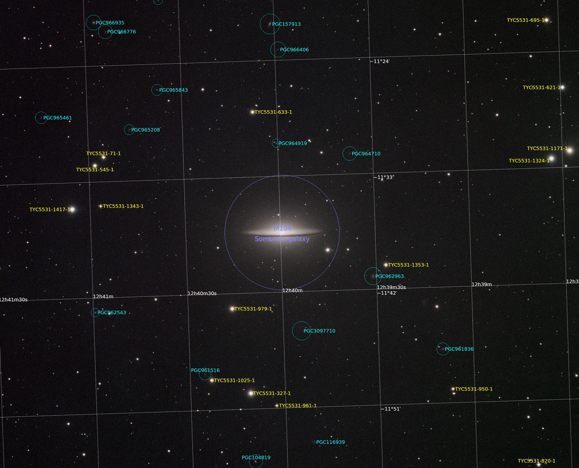 Annotated Sombrero Galaxy image identifying surrounding stars and galaxies